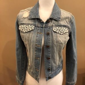 Harper Light Wash Distressed Denim Jacket With Lace Detail, Size S